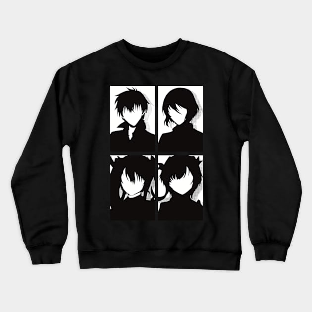 The Misfit of Demon King Academy or Maou Gakuin Anime Characters : Anos Voldigoad, Misha Necron, Sasha Necron, and Lay Glanzudlii in Black and white Minimalist Pop art Design Crewneck Sweatshirt by Animangapoi